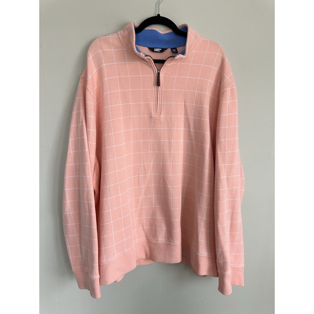 Lands End Pullover Mens 2XL Pink Plaid Sweater Quarter 1/4 Zip